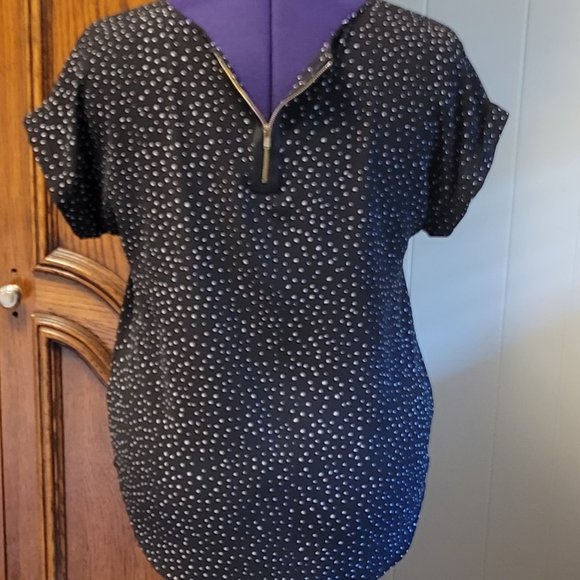 Papercut Clothing black with white polka dot short sleeve tunic blouse Sz: L - Picture 2 of 6
